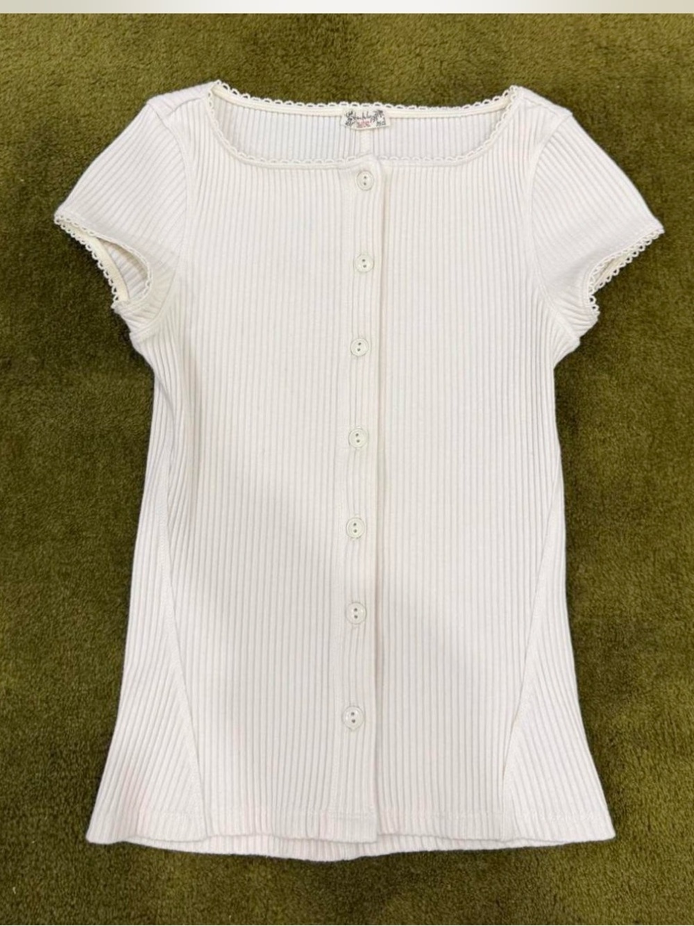 Free People Cream Ribbed Button-Front Cap Sleeve Top